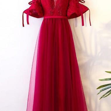 A Line V Neck Dark Red Tulle Prom Dress with Sequins LBQ0220