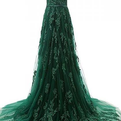 Layered Flower One Shoulder Sweep Train Tulle Dress Dark Green