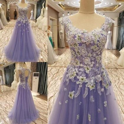 Light Purple Tulle Long Prom Gown, Lace Evening..