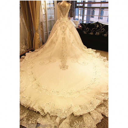 Luxury Crystal Bodice Beaded Cathedral Train..