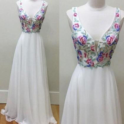 White V Neck Beads Chiffon Long Prom Dress, White..