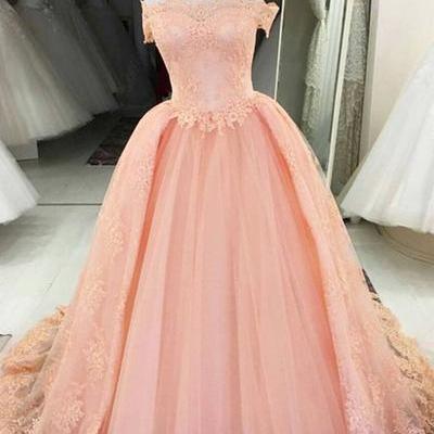 Princess Pink Tulle Off Shoulder Long Prom Dress, Appliques Pink ...