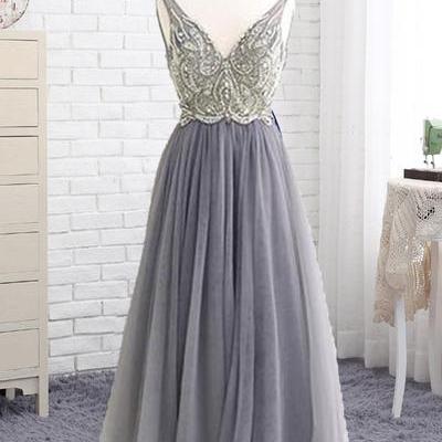 Grey Tulle Beaded A Line Deep V Neck Prom Dresses, Long Formal Dresses, PL479