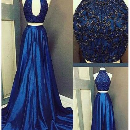 Halter Royal Blue Beaded Evening Dress, Sexy Two Piece Long Prom ...