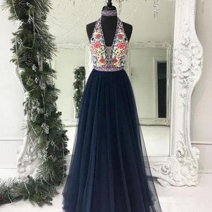 Dark blue tulle long prom dress, bl..