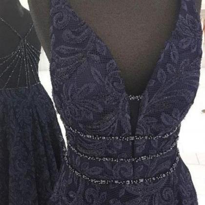 Dark blue v neck long prom dress, b..