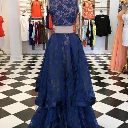 Dark blue lace two pieces long prom..
