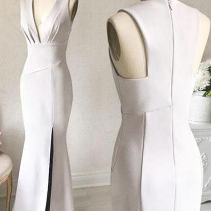White V‑Neck Belted Sheath - Casual Dress