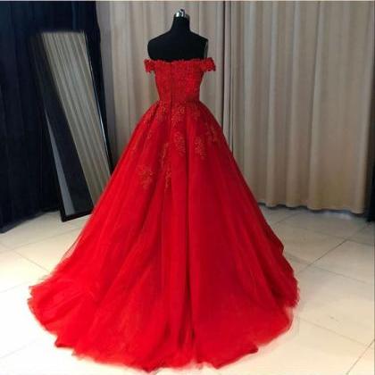 Off The Shoulder Ball Gown Prom Dress Red, Wedding Party Dress With ...
