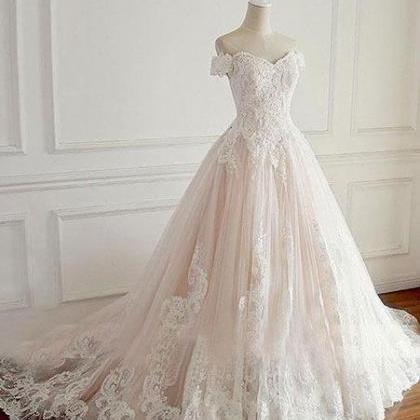 Unique Lace Tulle Long Wedding Dress, Lace Long..