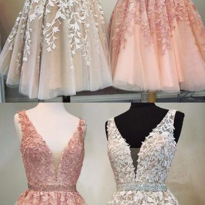 Short A-line V-neck Lace Floral Tulle Backless Formal Prom Homecoming Dresses main image 1