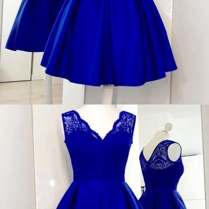 V-neck Royal Blue Satin Short Homecoming Dress..