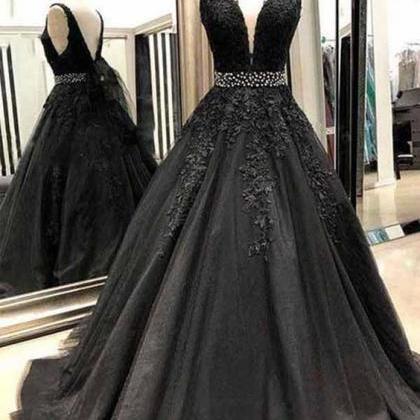 Black Appliques Prom Dress With Beaded Waist, A Line Tulle Long ...