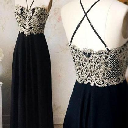 Black Chiffon Lace Long Prom Dress, Black Evening..