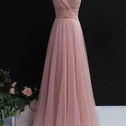 Simple A Line V Neck Pink Tulle Long Prom Dress..