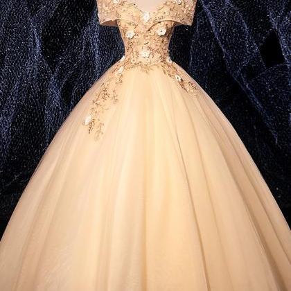 Champagne V Neck Tulle Lace Long Prom Dress..