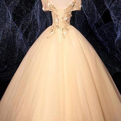 Champagne V Neck Tulle Lace Long Prom Dress..