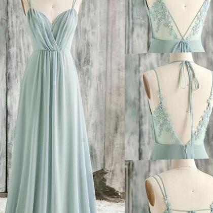 Simple Green V Neck Chiffon Lace Long Prom Dress..