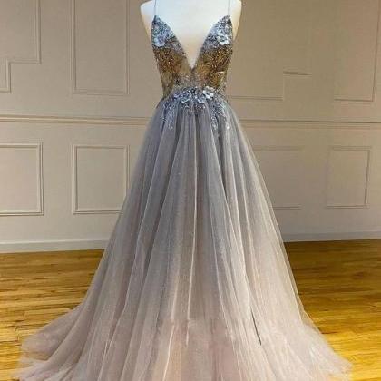 Gray V Neck Tulle Long Formal Prom Dress Gray Formal Dress main image 0
