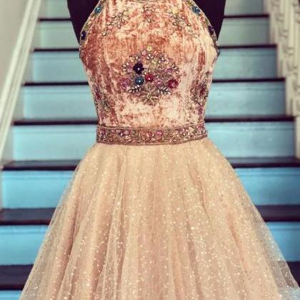 Champagne Tulle Beads Short Prom Dress, Champagne..
