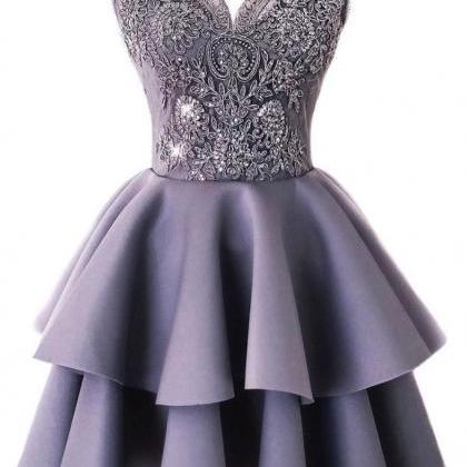Cute Lace V Neck Short Prom Dress, Gray Homecoming..