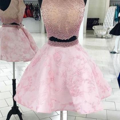 Pink Two Pieces Beads Lace Short Prom Dress. Pink..