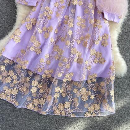 Purple Lace Tulle Long Sleeve Dress Fashion Dress