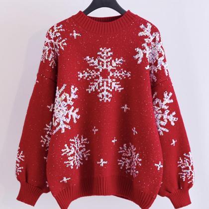 Cute snowflake long sleeve round ne..