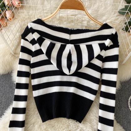 Simple Striped Long-sleeved Hooded Sweater Short..