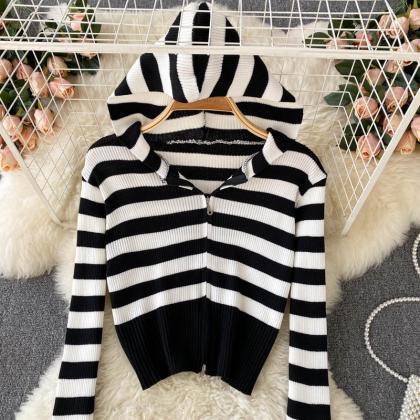 Simple Striped Long-sleeved Hooded Sweater Short..