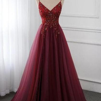 Gorgeous Wine Red Beaded Floor Length Party..