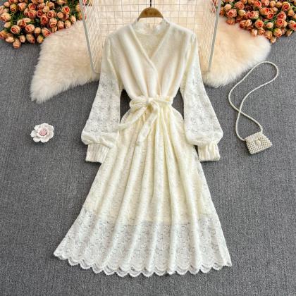 Elegant V Neck Lace Dress A Line Long Sleeve Dress..