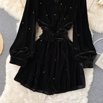 Black V Neck Long Sleeve Dress Fashion Dress
