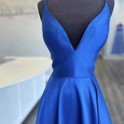 Blue v neck satin long prom dress b..
