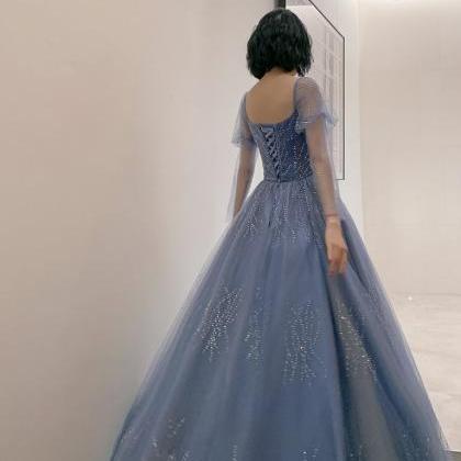 Blue Tulle Beaded Long Formal Dress Party Dress,..