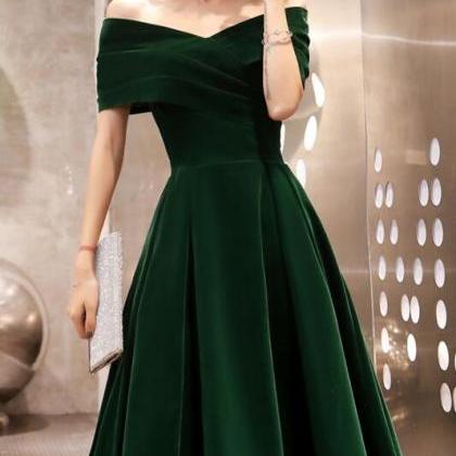 Green Tea Length Velvet Off Shoulder Party Dress,..