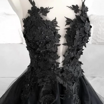 Black lace tulle long prom dress bl..