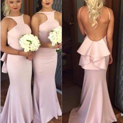 Pink Bridesmaid Gown,Backless Prom Dresses,Satin Prom Gown,Simple ...
