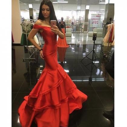 Prom Gown,Red Prom Dresses,Off The Shoulder Evening Gowns,Mermaid