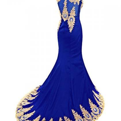 Prom Gown,Pretty Royal Golden Illusion Scoop Neck Satin Long Mermaid ...
