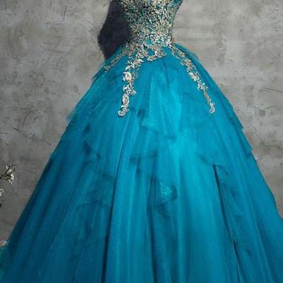 Unique blue tulle lace top round neck winter formal prom dresses, long evening dress with sleeves