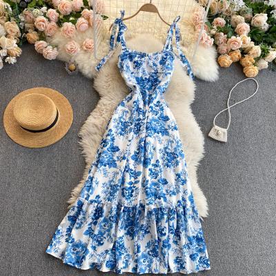 Vintage Pleated Dress Summer Floral Blue Dress 