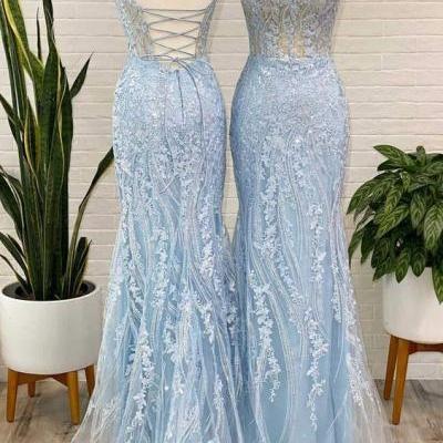 mermaid light blue embroidery long prom dress with straps P18