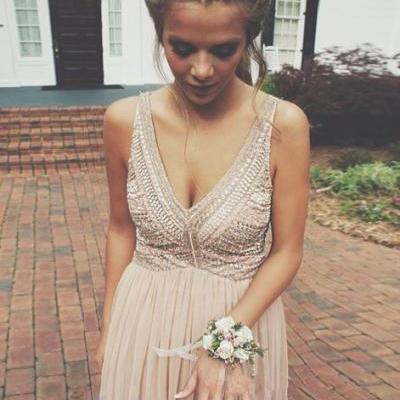 Blush Pink Evening Dress,A Line Evening Gowns,Beading Prom Dresses,Light Pink Party Dresses,Long Prom Gown,V neckline Prom Dress,Formal Dress