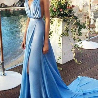 Blue Prom Dresses,Chiffon Evening Dress,Slit Prom Gowns,V neckline Prom Gown,Beautiful Formal Gown,Prettiest Evening Dress,2016 Backless Prom Dress