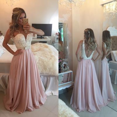Chiffon Prom Dresses,Pale Pink Prom Dress,Modest Prom Gown,Backless Prom Gowns,Pearls Evening Dress,Princess Evening Gowns,Sparkly Party Gowns,Backless Prom Gowns,Open Back Evening Dress