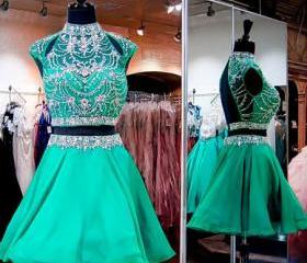 Green High Neck Homecoming Dresses, Two Pieces Rhinestone Homecoming ...