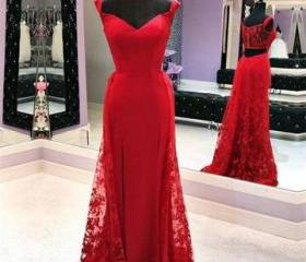 Lace Mermaid Prom Dress, Sexy Appliques Red Prom Dresses, Long Evening