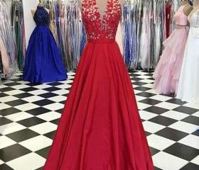Elegant Halter Red Satin Prom Dresses With Lace Long Party Gowns on Luulla