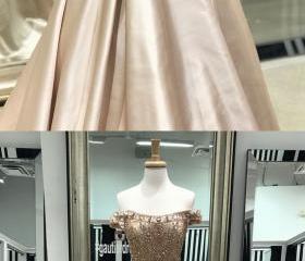 Off The Shoulder Long Prom Dress, A-line Beaded Light Champagne Prom
